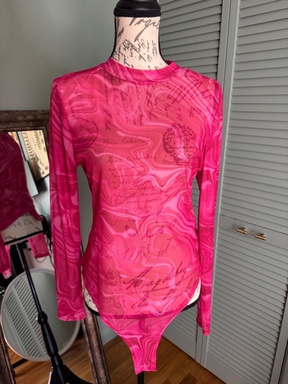 SHEIN Hot Pink Swirl Long Sleeve Sheer Bodysuit